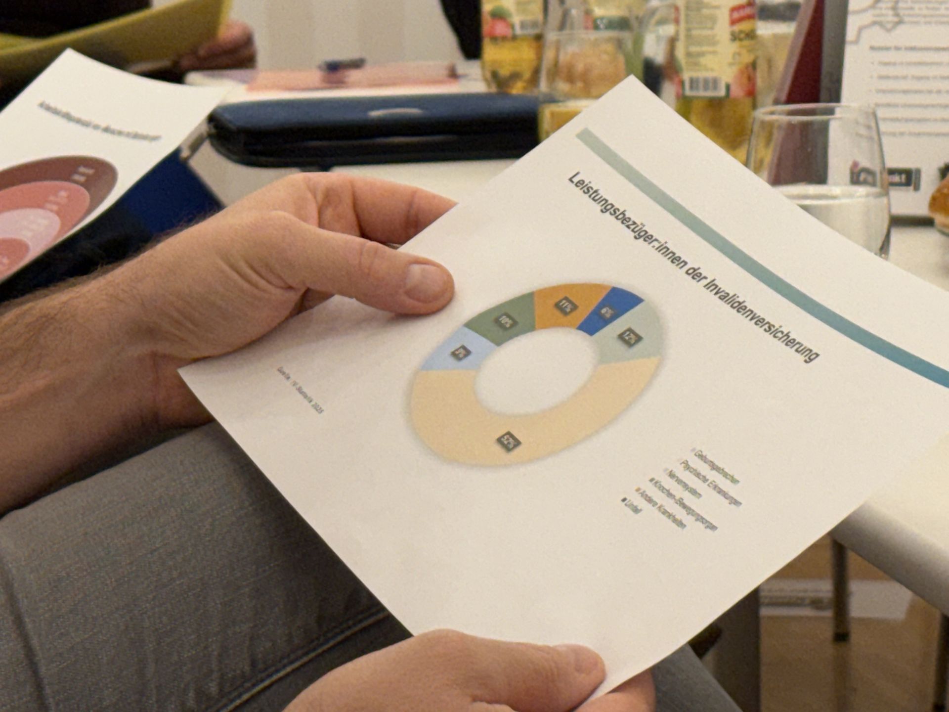 Nahaufnahme eines Informationsblatts mit einer farbigen Kreisgrafik zu den Leistungsbezügerinnen und Leistungsbezügern der Invalidenversicherung, das während des iPunkt-Stammtischs betrachtet wird.